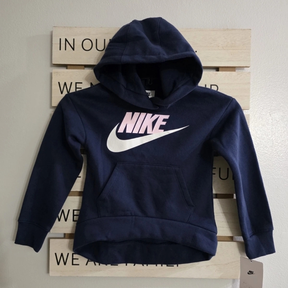 Nike Girls Navy Blue Pink Swoosh Hooded Pull‎ Over Sweatshirt Size 5-S  NEW